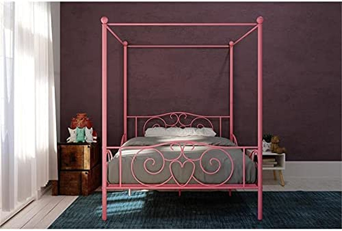 Metal Canopy Kids Platform Bed with Four Poster Design, Scrollwork Headboard and Footboard, Underbed Storage Space, No Box Sring Needed, Twin, Pink