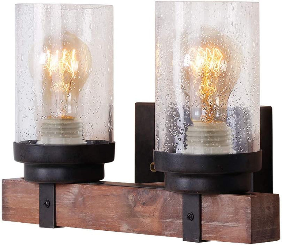 Farmhouse Wall Sconce Light Fixtures Wood Metal 2-Light Bathroom Vanity Lights over Mirror with Bubble Glass Shade for Bedroom,Kitchen,Living Room,Hallway W0019