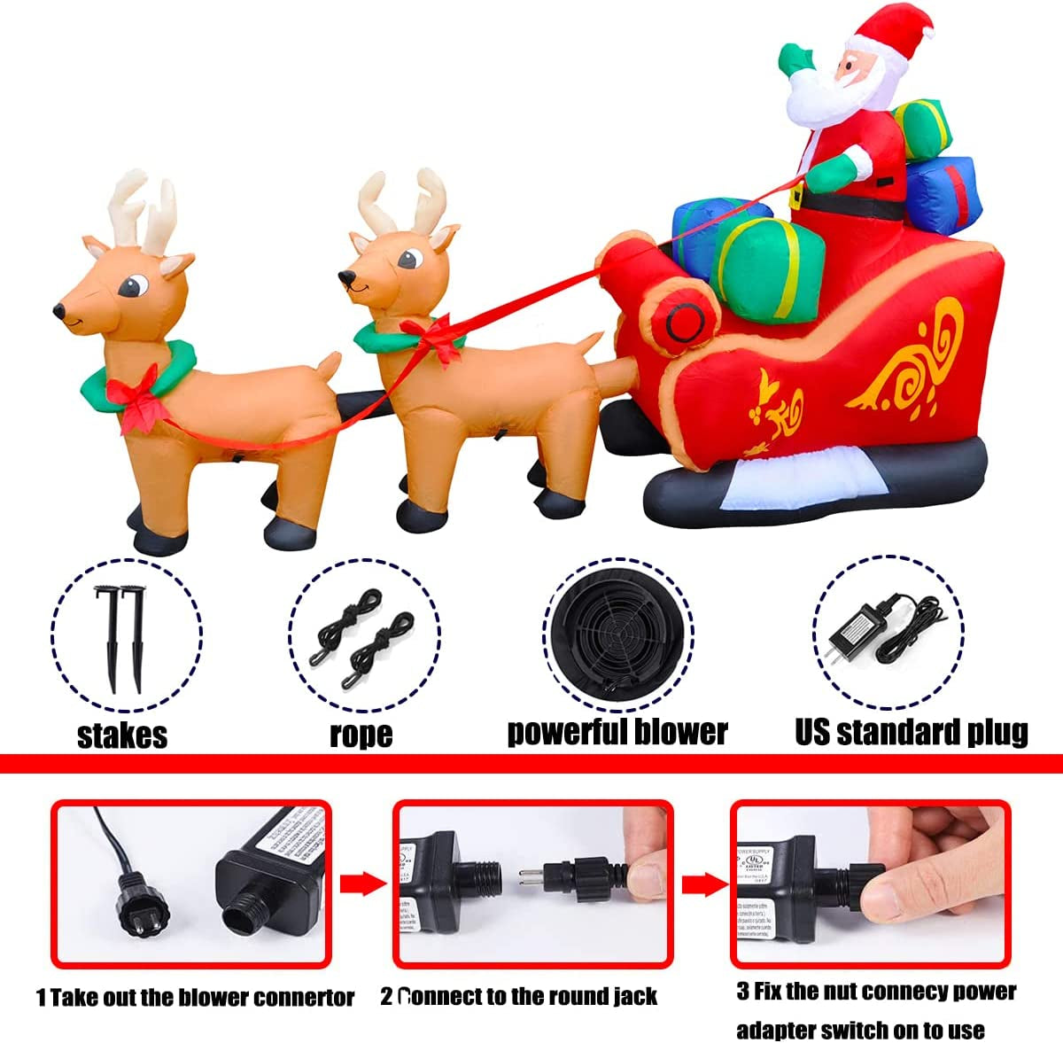8 Ft Inflatable Christmas Reindeer Pull the Sleigh Take Santa Claus Xmas Decoration for Yard Lawn Garden Home Party Indoor Outdoor