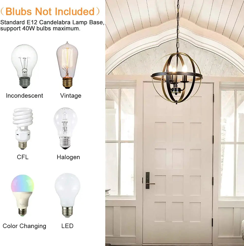 DLLT Chandelier Farmhouse Hanging Lighting, 3 Lights Globe Ceiling Light Fixture, Metal Swag Pendant Lighting for Kitchen, Dining Room, Living Room, Hallway, Bedroom, Entryway, E12 Base Gold