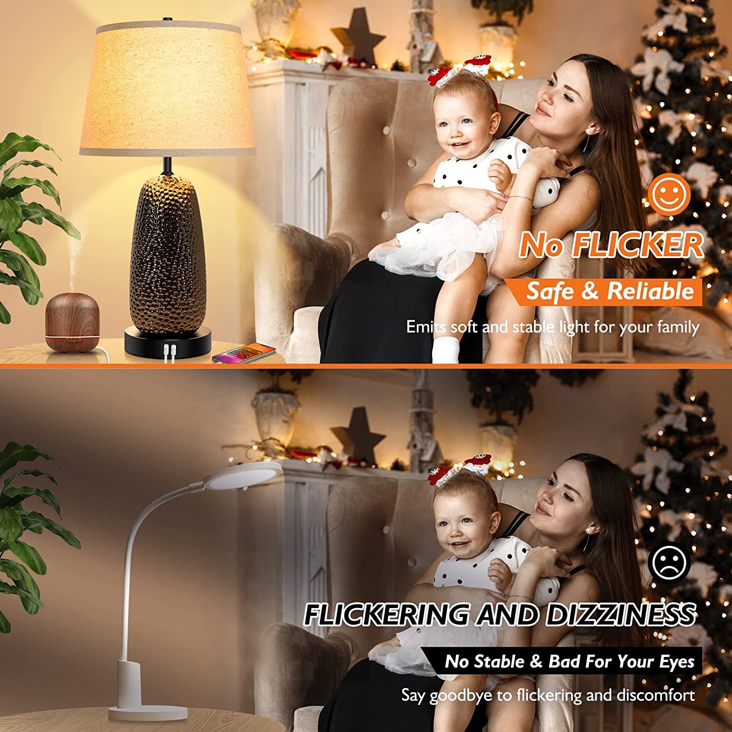 Touch Control Table Lamps Set of 2-3-Way Dimmable Ceramic Nightstand Lamps with 2 USB Ports, Modern Bedside Desk Light with Beige Drum Shade for Bedroom Living Room Reading, A19 LED Bulbs Included