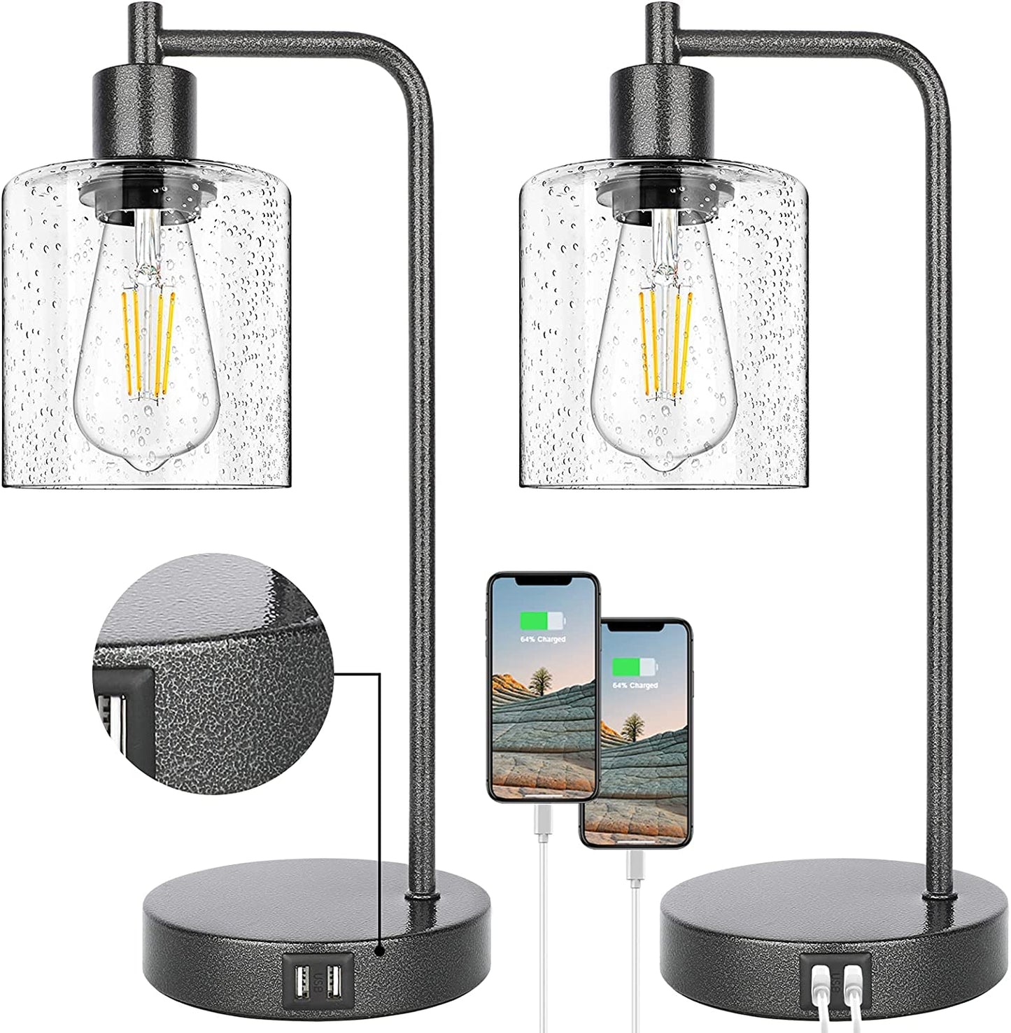 Set of 2 Farmhouse Rustic Table Lamps Rocky Black for Bedroom Nightstand 3-Way Dimmable Touch Control Industrial Bedside Lamps with 2 USB Charging Ports & AC Outlet Living Room Office, Bulbs Included