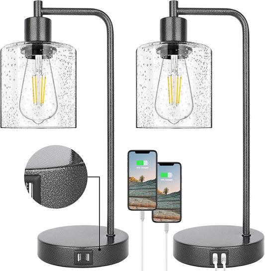 Set of 2 Farmhouse Rustic Table Lamps Rocky Black for Bedroom Nightstand 3-Way Dimmable Touch Control Industrial Bedside Lamps with 2 USB Charging Ports & AC Outlet Living Room Office, Bulbs Included