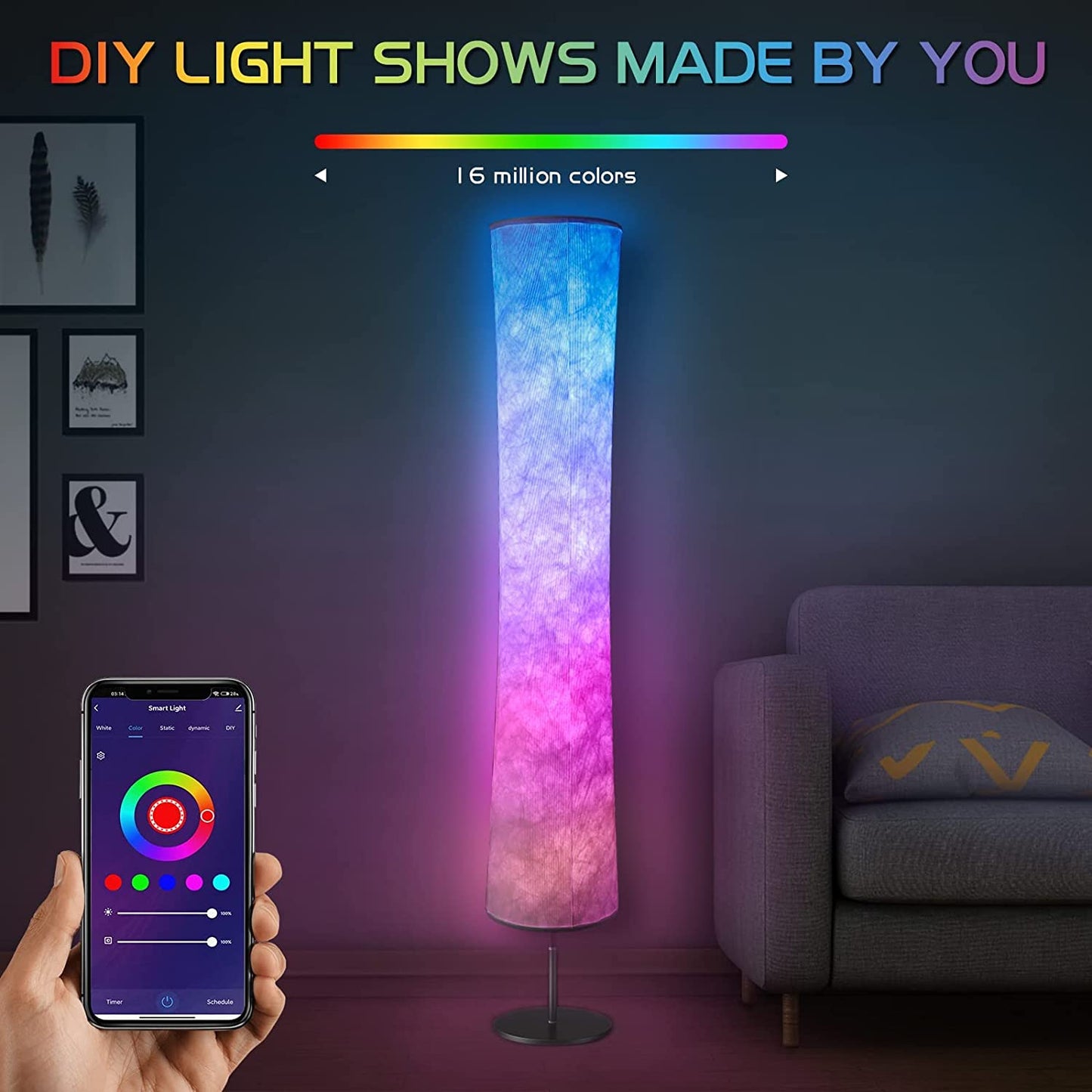 Floor Lamp, RGB Color Changing Led Lamp, Smart Lamp Alexa APP Control, Modern Floor Lamp with DIY Mode, Music Sync and White Fabric Shade, Standing Lamp for Living Room Bedroom Game Room