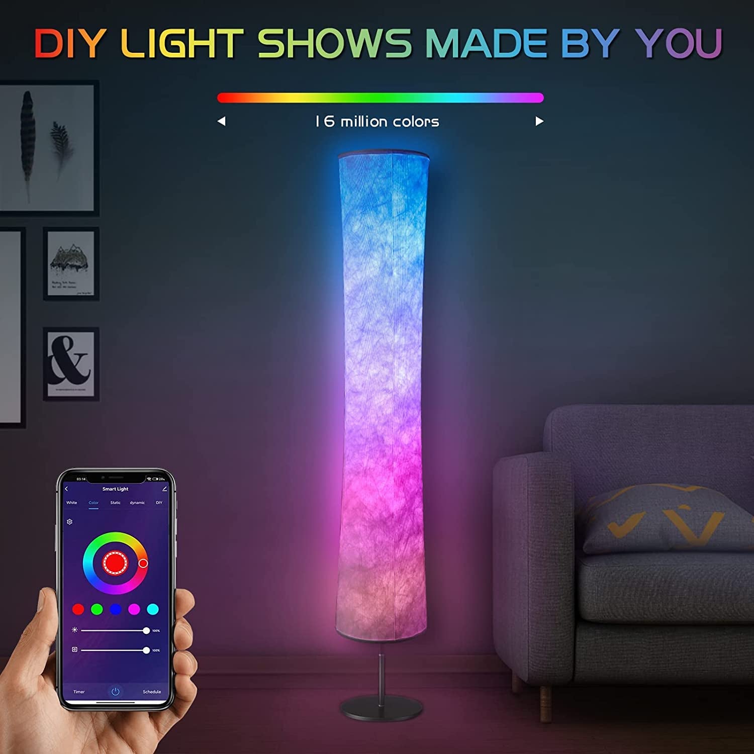 Floor Lamp, RGB Color Changing Led Lamp, Smart Lamp Alexa APP Control, Modern Floor Lamp with DIY Mode, Music Sync and White Fabric Shade, Standing Lamp for Living Room Bedroom Game Room