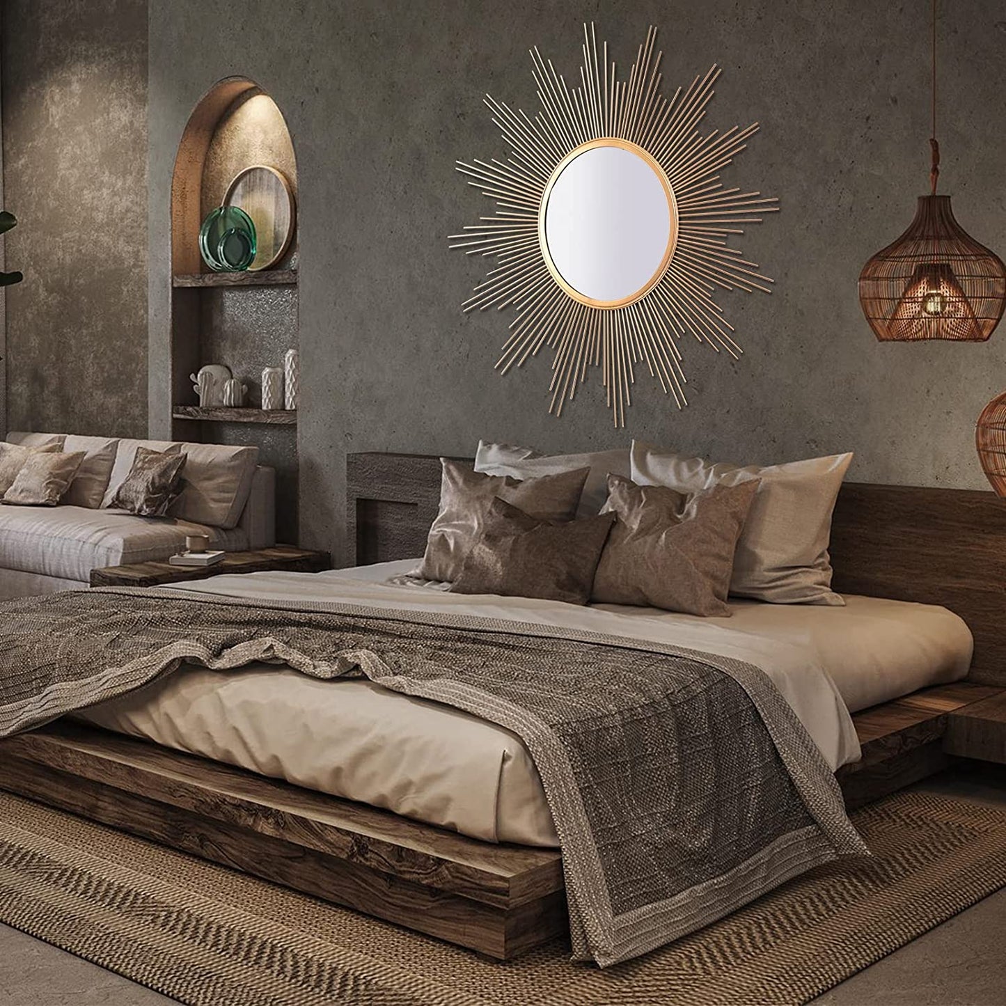 24'' Large Gold Sunburst Wall Mirror Boho Home Decor round Wall Art Mirror for Living Room/Bedroom/Bathroom/Entryway