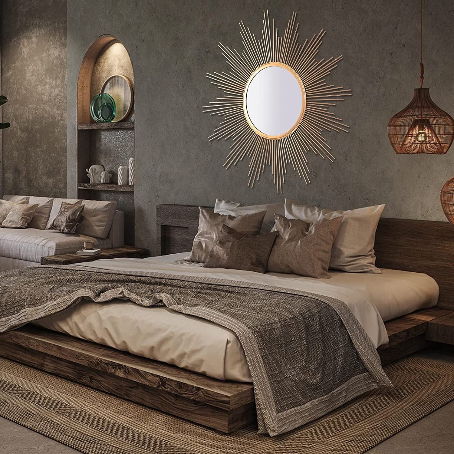 24'' Large Gold Sunburst Wall Mirror Boho Home Decor round Wall Art Mirror for Living Room/Bedroom/Bathroom/Entryway