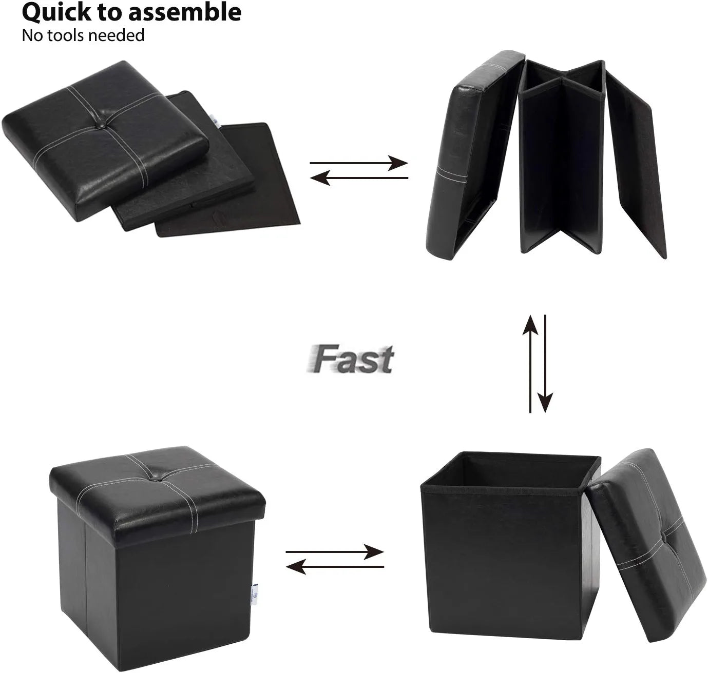 Storage Ottoman with Faux Leather Foldable Small Square Foot Rest Stools Coffee Table Black 11.8"X 11.8" X 11.8"