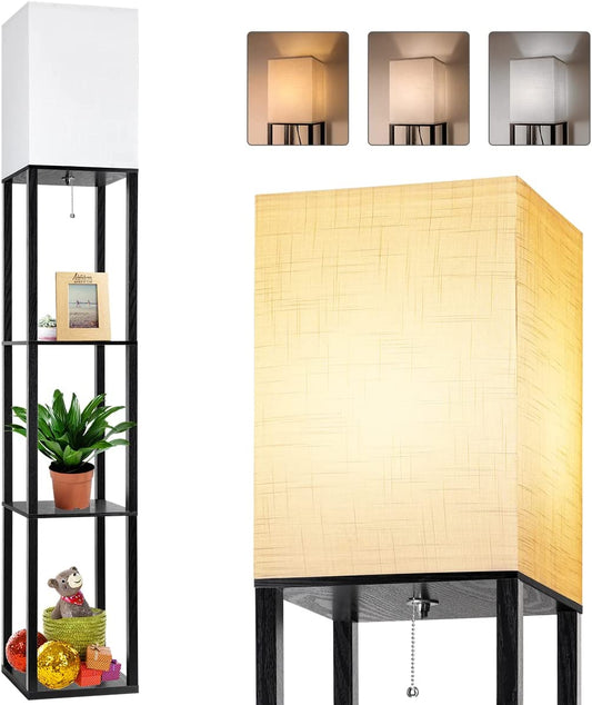 Floor Lamp with Shelves,Shelf Floor Lamps for Living Room with 3 Color Temperature LED Bulb,Storage Wood Texture Modern Floor Lamp with White Linen Shade,Display Standing Lamp for Living Room, Bedroom