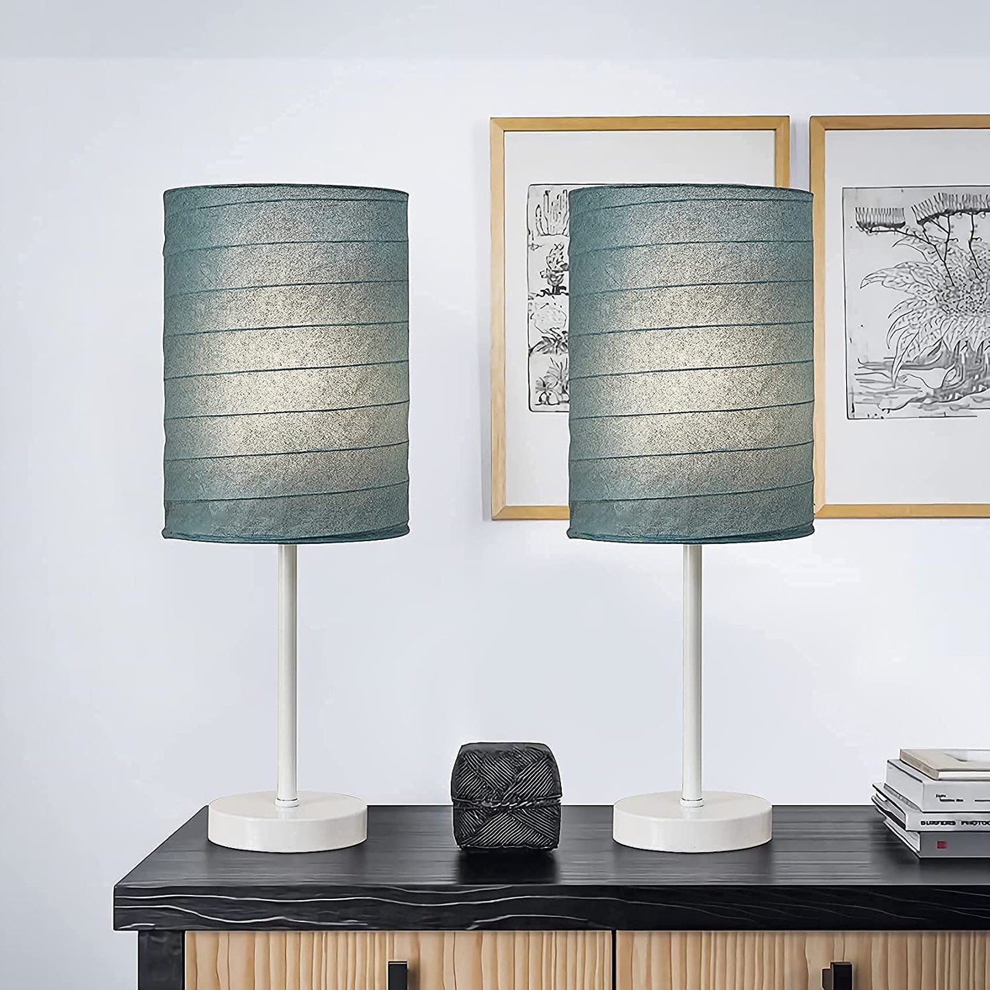 PORTRES 18.75'' Traditonal Accent Table Lamp Set of 2 for Bedroom Desk Lamps for Living Room Kids Room Study Room Office Rustic Decor Nightstand Rice Paper Lamps ( White& Gray)