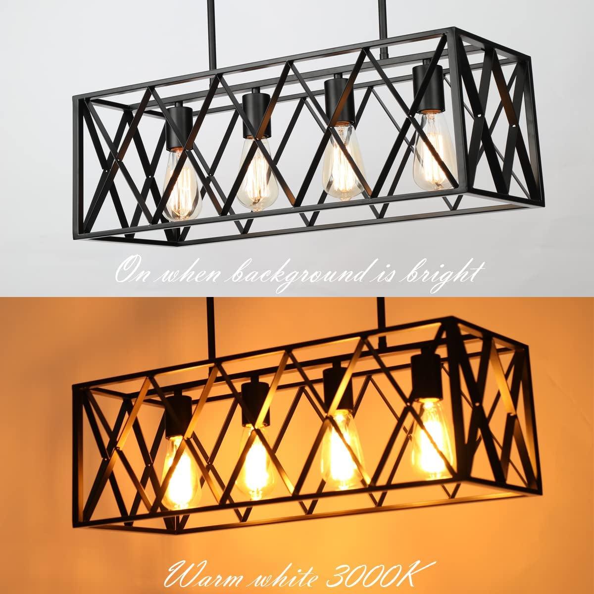 Kitchen Island Lighting Farmhouse Chandelier, 4-Lights Dining Room Light Fixtures 25.19'' Industrial Black Metal Rustic Rectangular Chandeliers for Living Room Bedroom Foyer Hallway Restaurant