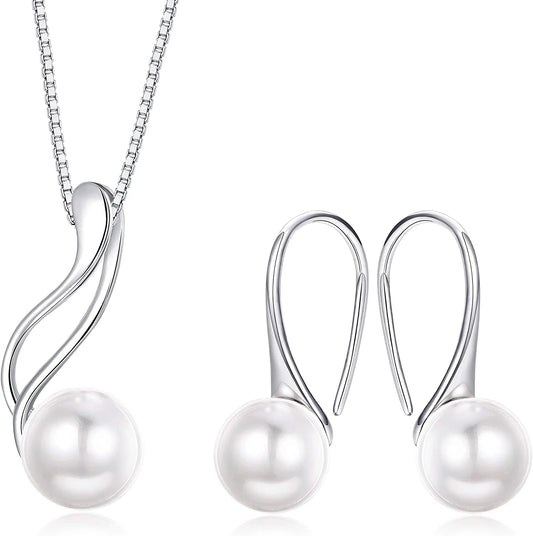 Sterling Silver Pearl Jewelry Set 18K Gold Plated Genuine Freshwater Cultured Pearl Jewelry Pendant Necklace Pearl Earrings for Women Girls