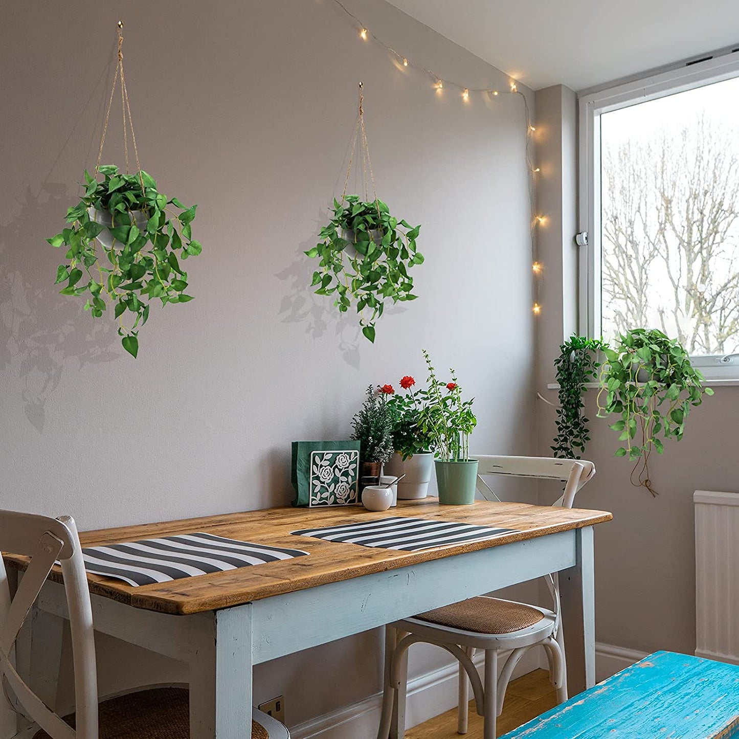 Hanging Plant Fake Hanging Plants with Pots, 2 Pack Artificial Hanging Plants, Faux Anthurium Leaf Hanging Basket Plant for Wall Home Room Indoor Outdoor Decor