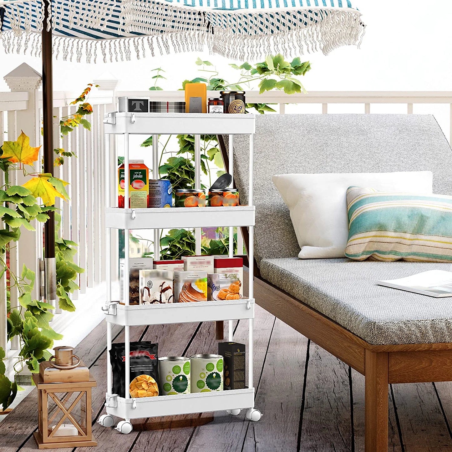 Slim Rolling Storage Cart 4 Tier Bathroom Organizer Mobile Shelving Unit Storage Rolling Utility Cart Tower Rack for Kitchen Bathroom Laundry Narrow Places, White