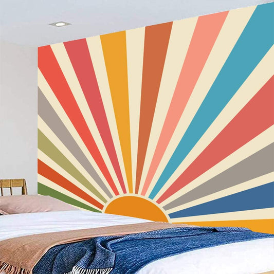 Vintage Sun Tapestry Bohemia Wall Hanging Retro 70S Rainbow Sunrise Sunset Minimal Geometric Grunge Abstract Art Print Hippie Bohemian Decor for Dorm Living Room Nursery Bedroom (51 X 59Inch)