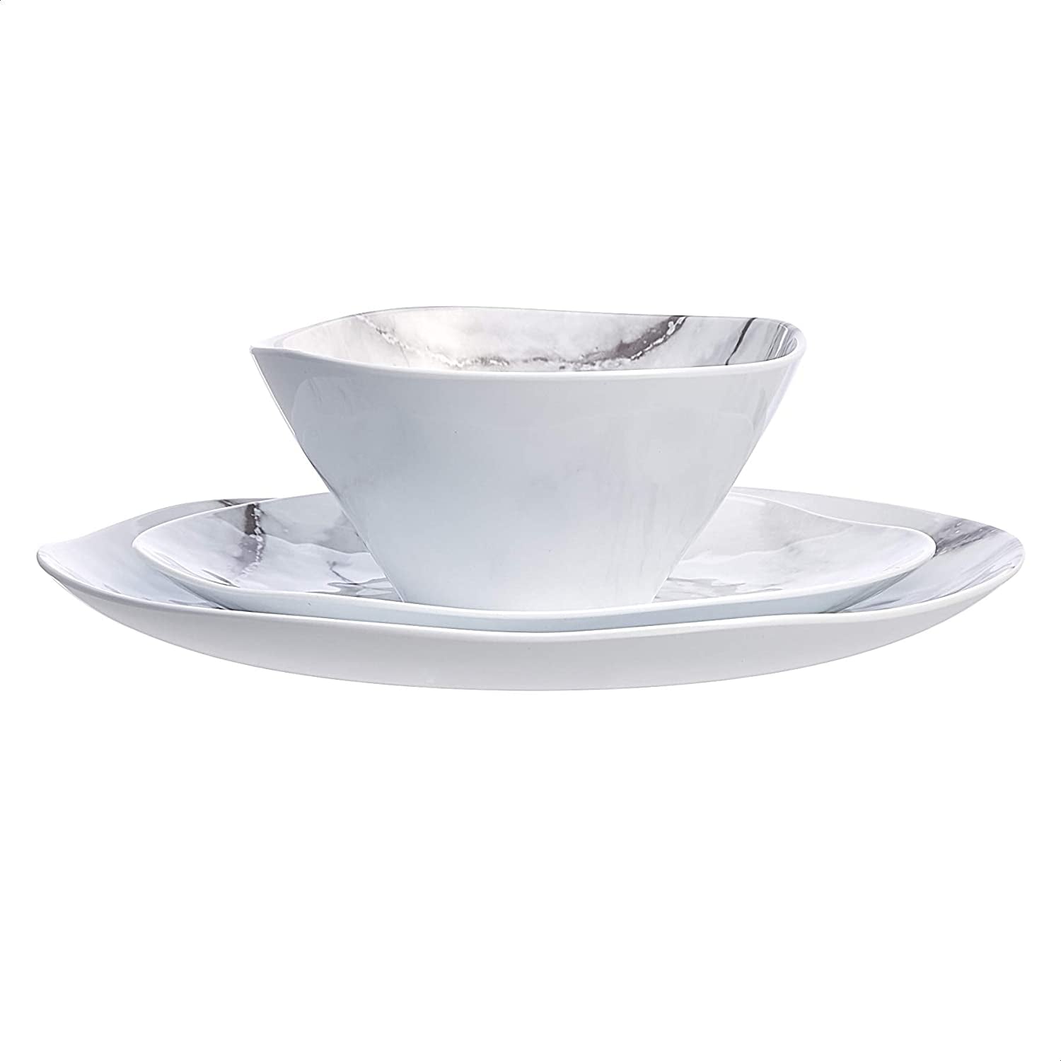 Melamine Dinnerware Set, Service for 4, White Marble - Set of 12
