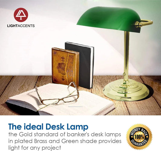 Green Bankers Desk Lamp with Glass Shade by Lightaccents - Traditional Desk Light with Classic Green Glass Shade and Polished Brass Finish
