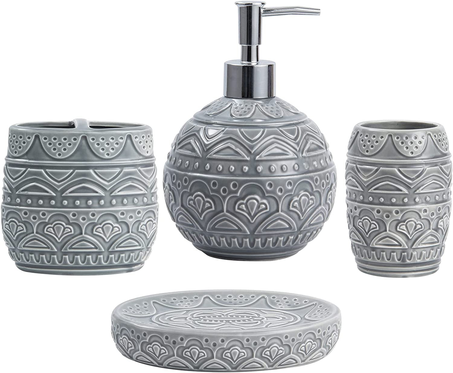 Bathroom Accessory Set, Bath Accessories Set 4-Piece Ceramic Embossed Bath Countertop Set with Soap Dish, Soap & Lotion Dispenser, Cup, Divided Toothbrush Holder ,Grey