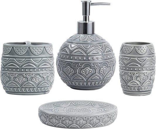Bathroom Accessory Set, Bath Accessories Set 4-Piece Ceramic Embossed Bath Countertop Set with Soap Dish, Soap & Lotion Dispenser, Cup, Divided Toothbrush Holder ,Grey