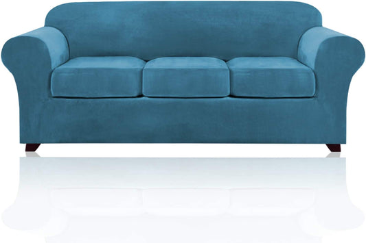 4 Pieces Sofa Covers Stretch Velvet Couch Covers for 3 Cushion Sofa Slipcovers Soft Sofa Slip Covers Furniture Covers with 3 Individual Seat Cushion Covers, Machine Washable (Large, Blue)
