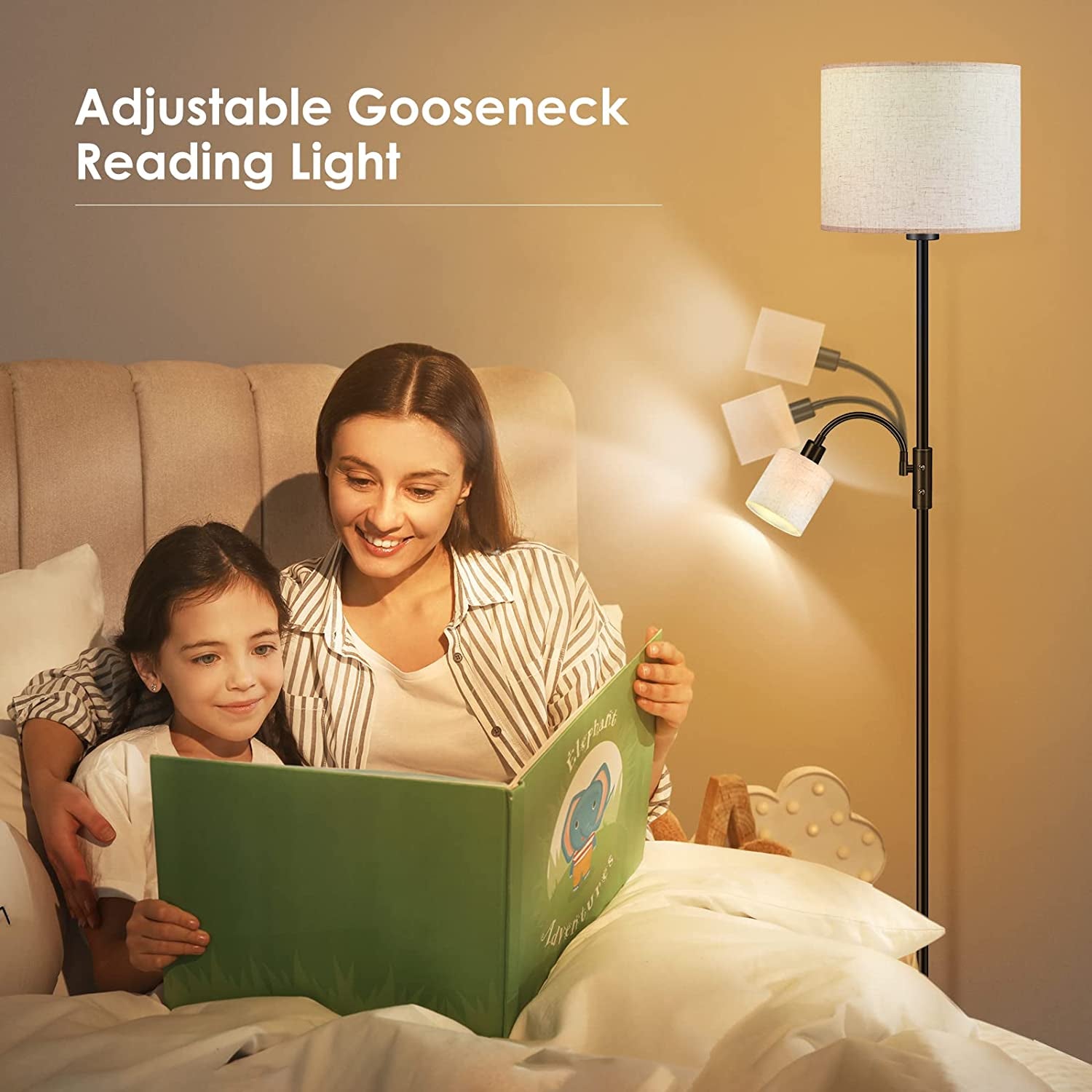 LED Floor Lamps for Living Room, 15W Dimmable Floor Lamp with 4W Adjustable Reading Light, 3000K Brightness Light, Modern Floor Lamp with Linen Lampshade,Led Standing Lamp for Bedroom,Office,Farmhouse