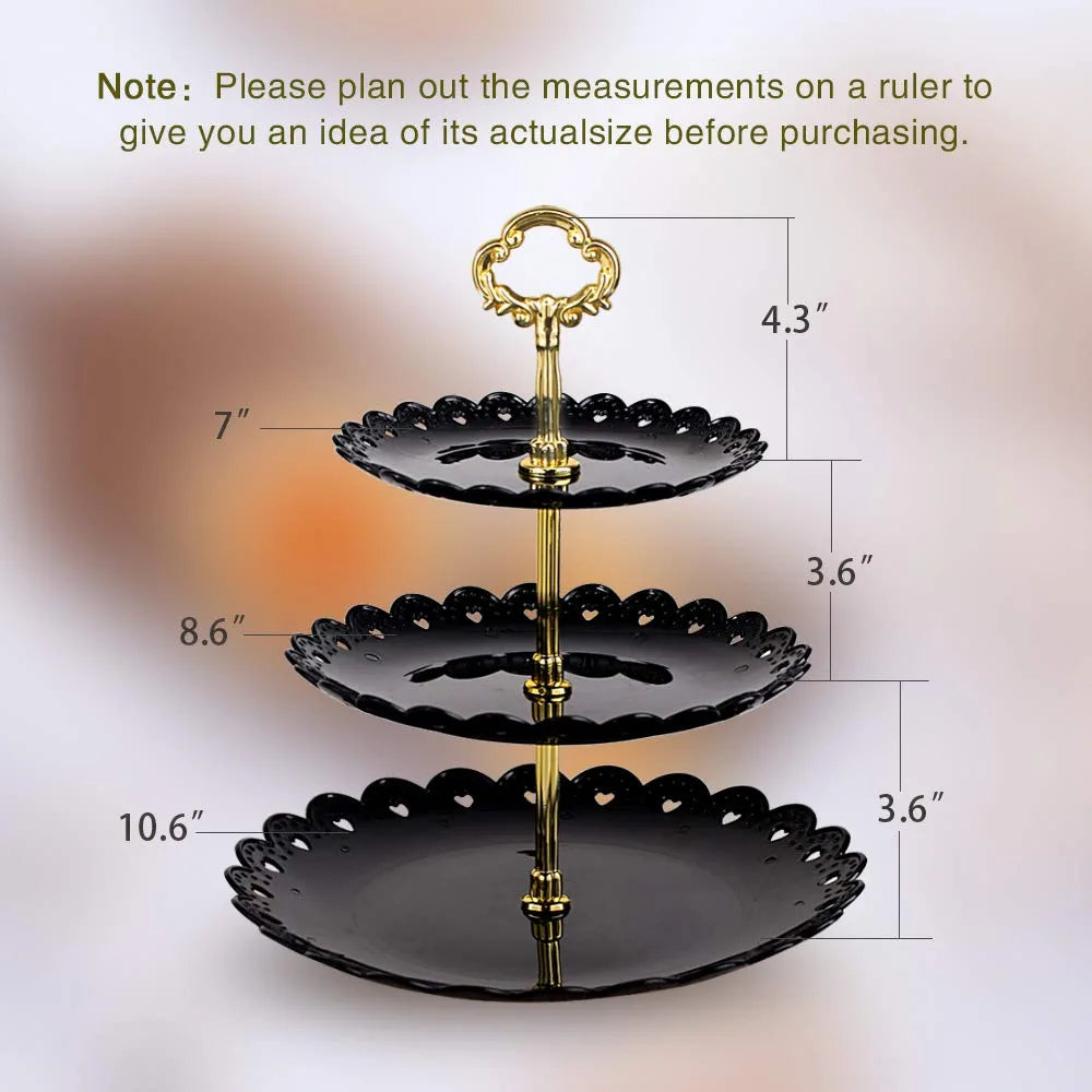 Black round Plate 3 Tiered Serving Stand Tray Cake Stands Cupcake Holder Dessert Stand Table Decorations for Party Kids Birthday Tea Party Baby Shower