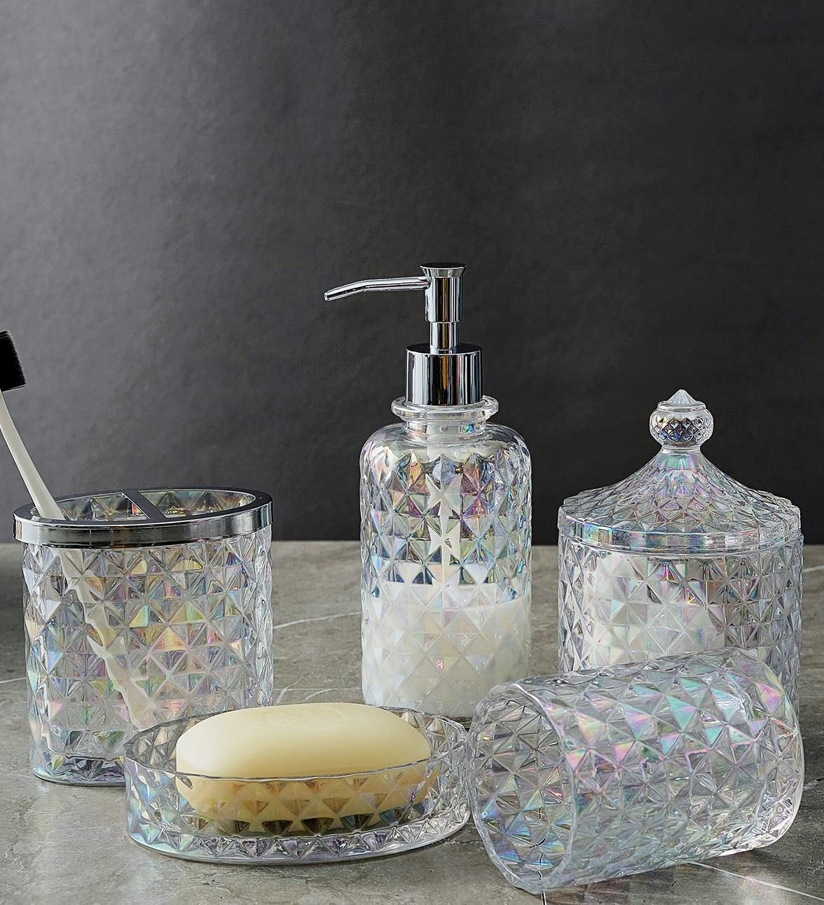 Set of 5 Glass Bathroom Accessories Set Include Soap Dispenser & Tumbler & Soap Dish & Toothbrush Holder & Apothecary Jar(Luxurious Crystal Sparkling Colored)