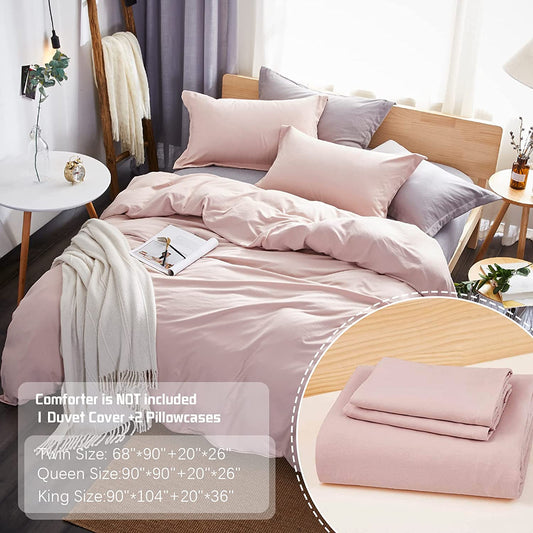 Duvet Cover Queen,Washed Microfiber Pink Queen Size Duvet Cover Set,Solid Color - Soft and Breathable with Zipper Closure & Corner Ties (Pink Mocha, Queen)