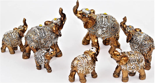 Set of 7 Lovely Lucky Elephants Statues Feng Shui Figurine Home Decor Housewarming Birthday Display Stands (Brass)