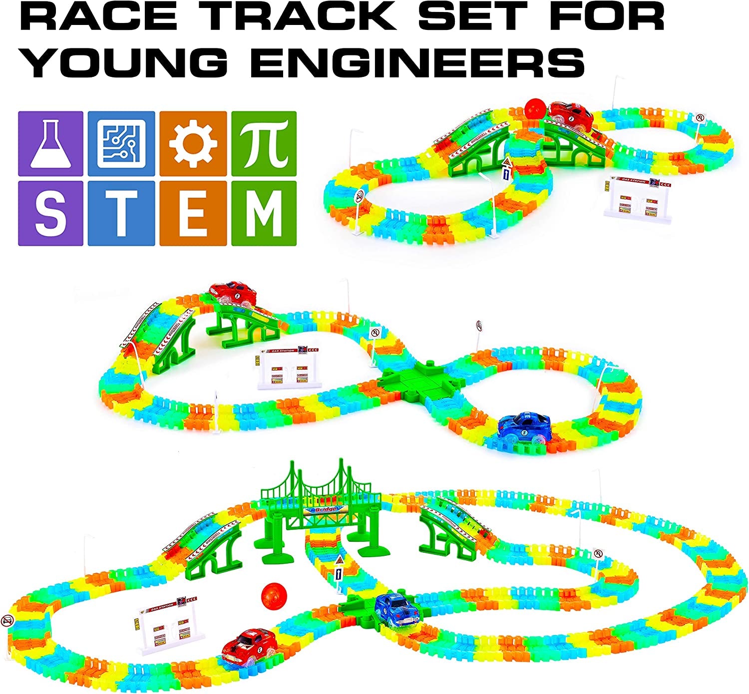 Glow Race Tracks and LED Toy Cars - 360Pk Glow in the Dark Bendable Rainbow Race Track Set STEM Building Toys for Boys and Girls with 2 Light up Toy Cars