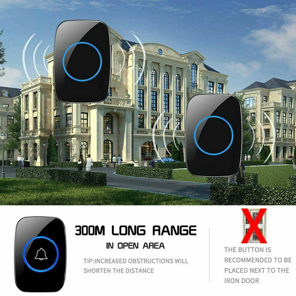 Waterproof Wireless Doorbell Adjustable Volume 1000FT Plugin Receiver 38 Chime
