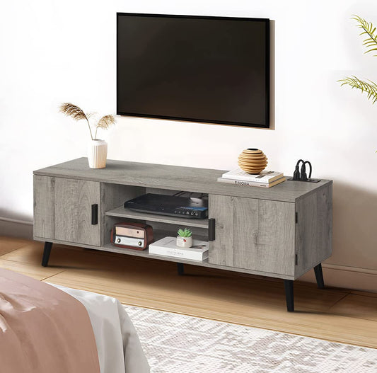 TV Stand for 55 Inch TV, Entertainment Center with Storage and Open Shelves, Mid Century TV Stand Table, Media Console for Living Room, Bedroom, Grey