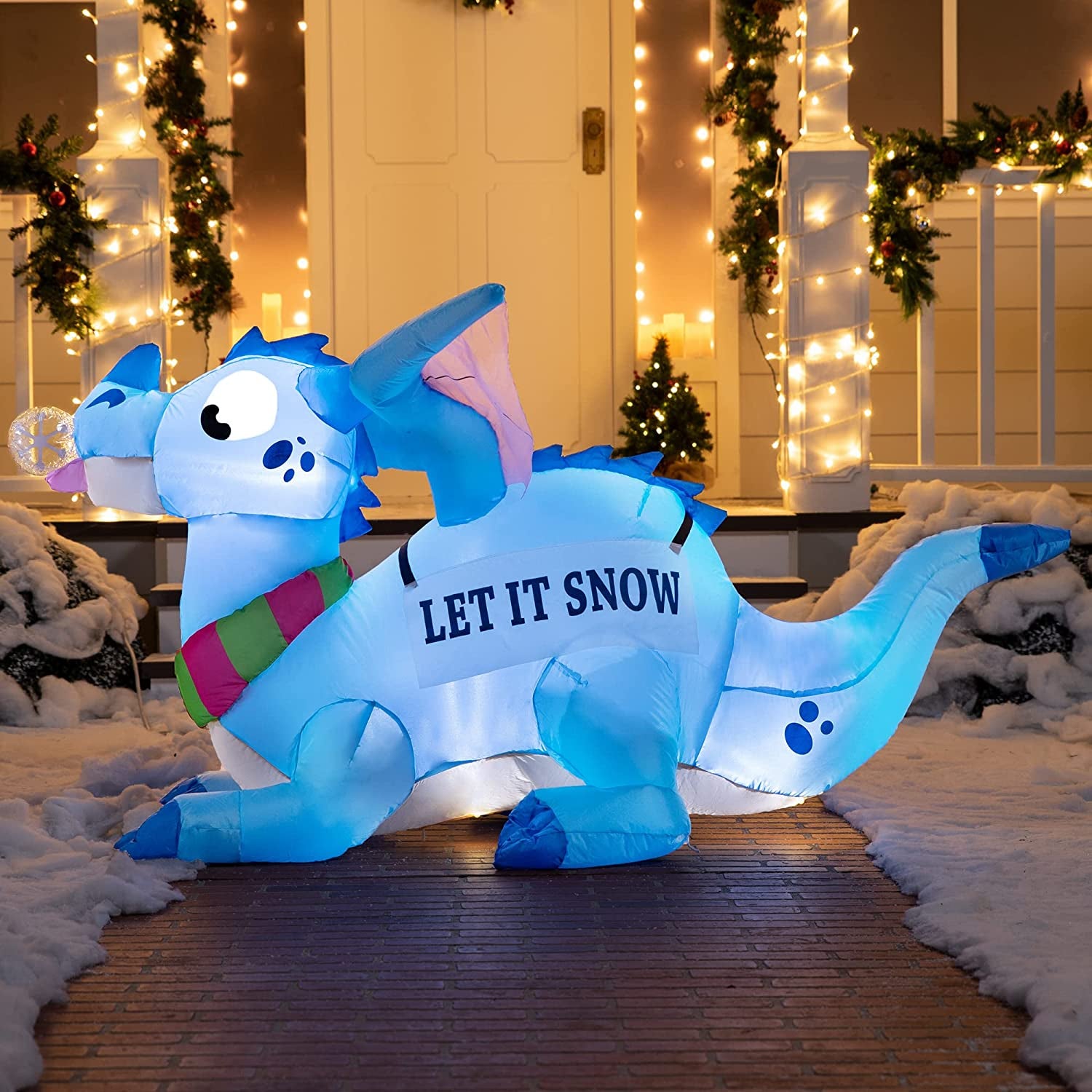 6 FT Long Christmas Inflatable Dragon, Blow up Lighted Inflatables Blue Dragon with Snowflake for Christmas Party Indoor, Outdoor, Yard, Garden, Lawn Winter Decorations