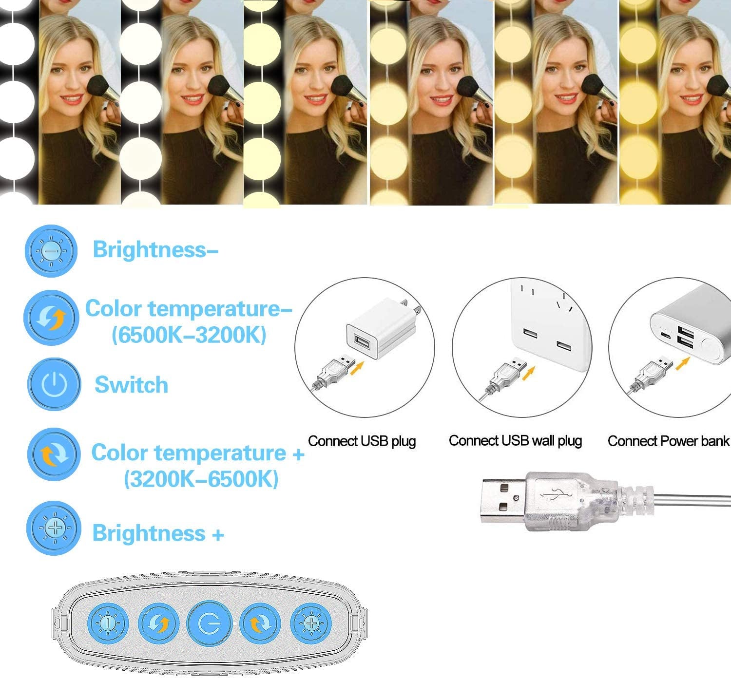 SICCOO Makeup Vanity Lights for Mirror, Hollywood Style LED Vanity Mirror Lights with 14 Dimmable Bulbs, USB Cable, White