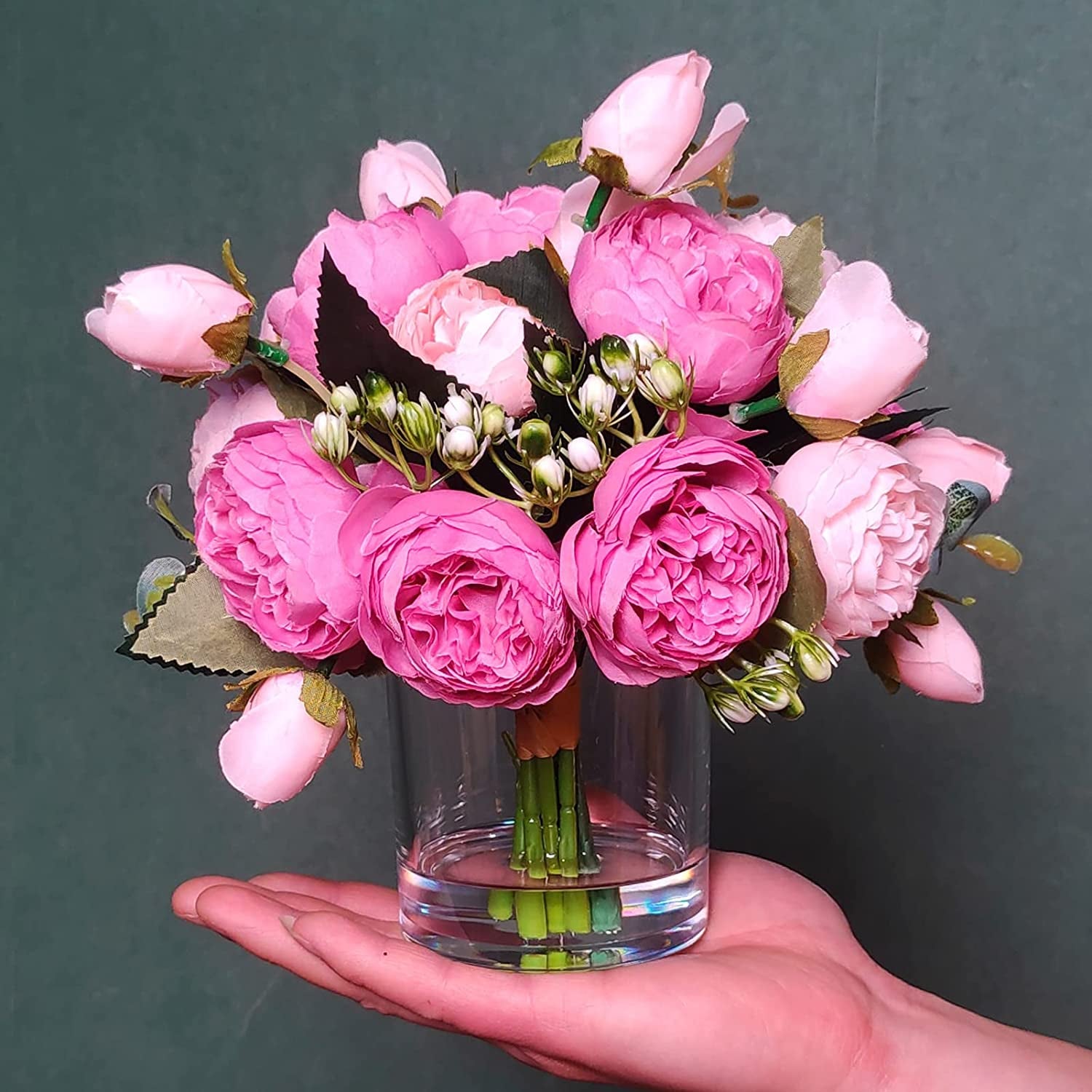 Floral Artificial Flowers Rose Fake Flowers Arrangement in Cube Glass Vase with Faux Water (Pink Pale Pink, 1)