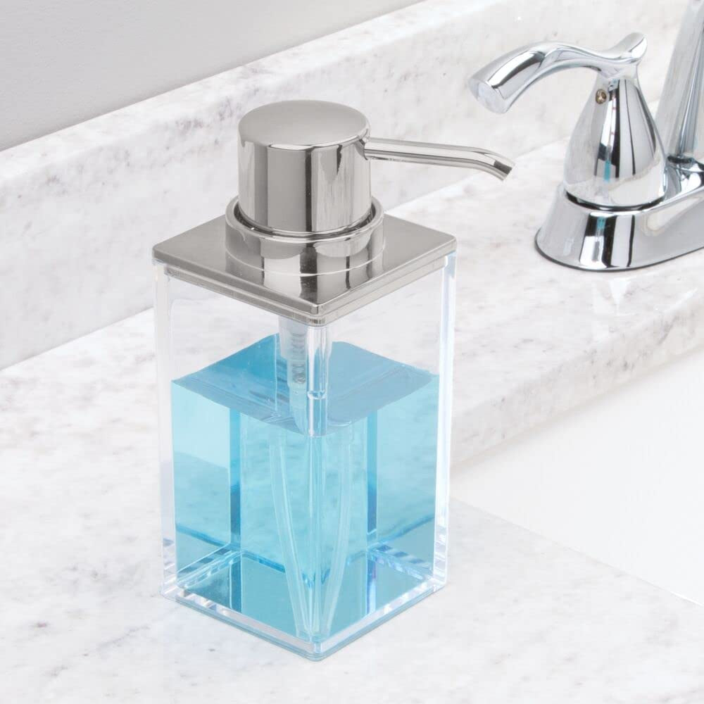 Mdesign Plastic Bathroom Vanity Counter Organizers, Dispenser Pump, Toothbrush Stand, Storage Jar, Soap Dish, for Cotton Swabs, Toothpaste, Makeup, Lumiere Collection, Clear/Brushed Chrome