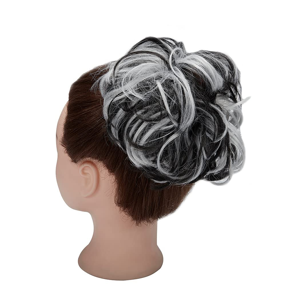 Hair Bun Extensions Messy Curly Hair Scrunchies Hairpieces Synthetic Donut Updo Hair Pieces for Women Girls 1PCS Natural Black Mix White