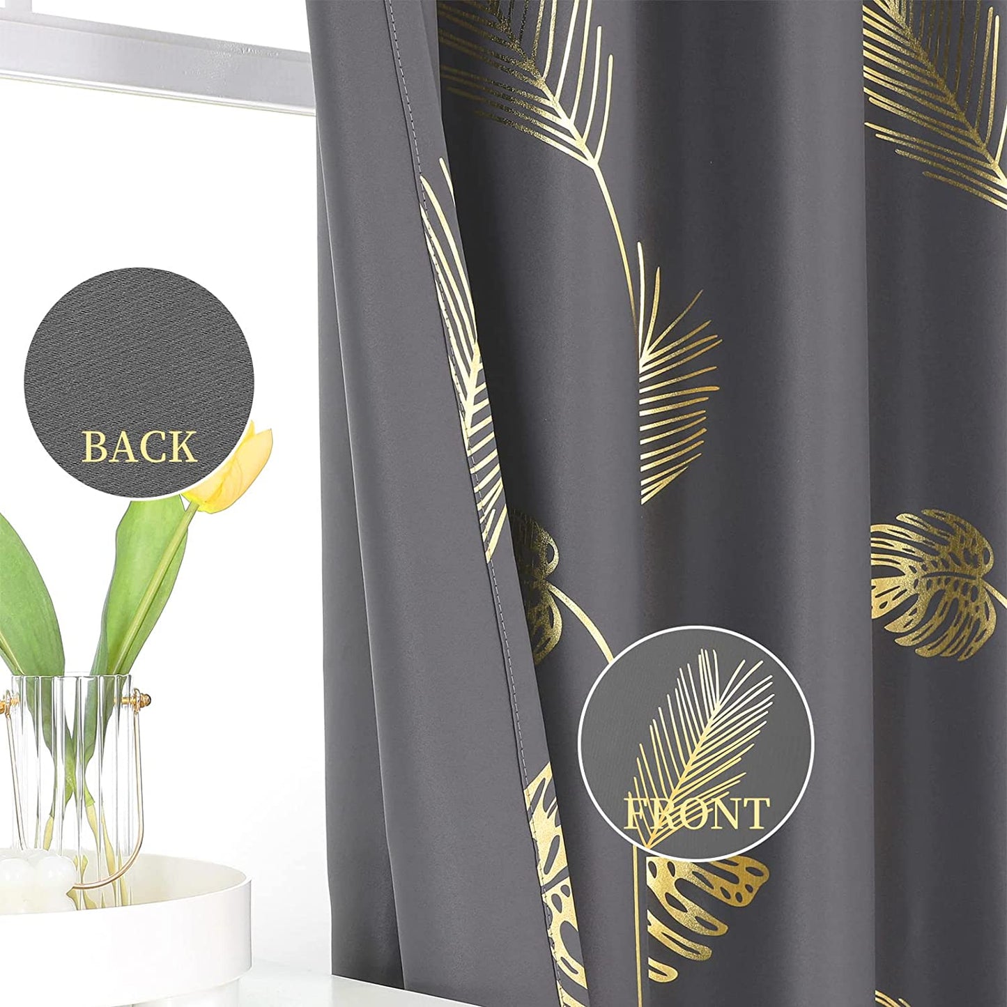 Blackout Curtains for Bedroom Living Room Palm Tree and Wheat Pattern Thermal Insulated Window Curtain Panels for Dining Room, 42Wx84L, Dark Grey, 1Pair