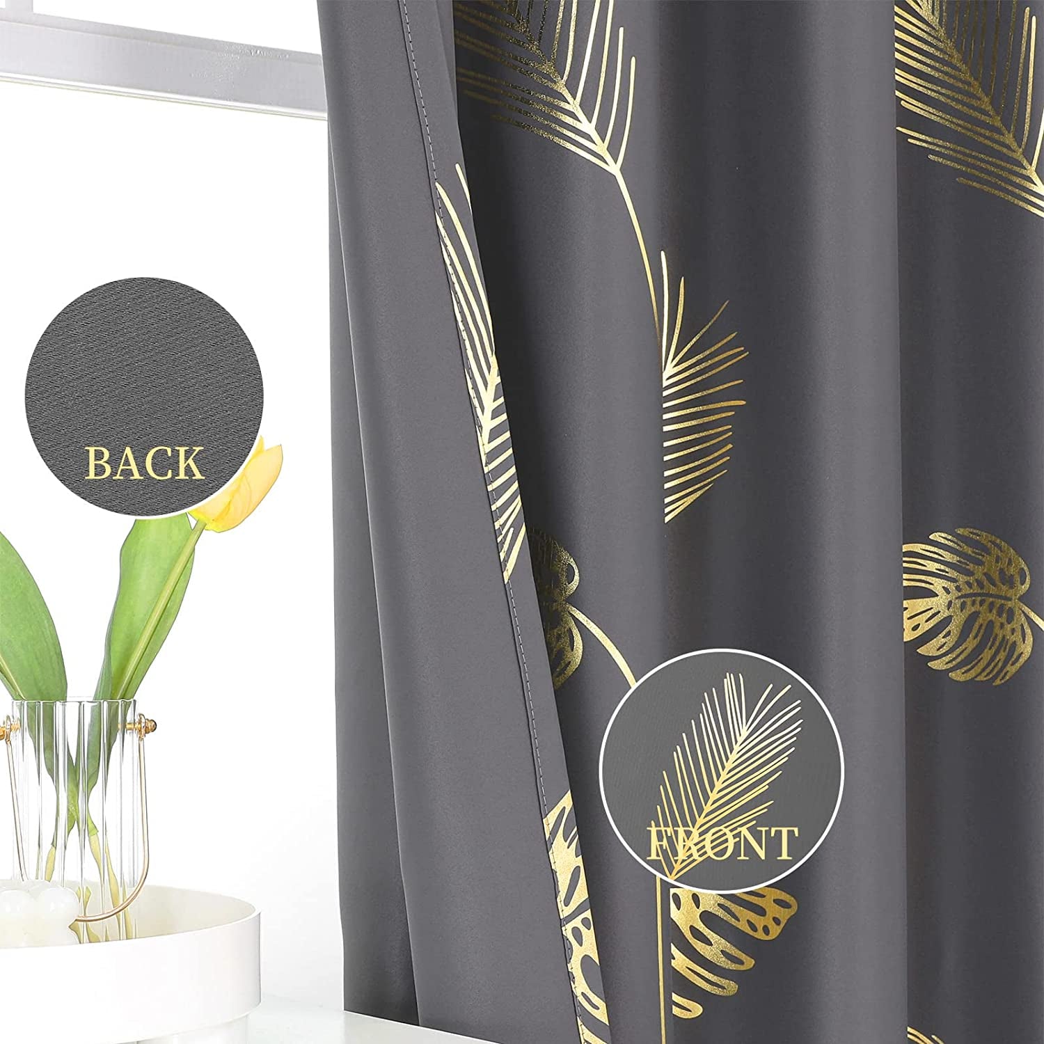 Blackout Curtains for Bedroom Living Room Palm Tree and Wheat Pattern Thermal Insulated Window Curtain Panels for Dining Room, 42Wx84L, Dark Grey, 1Pair