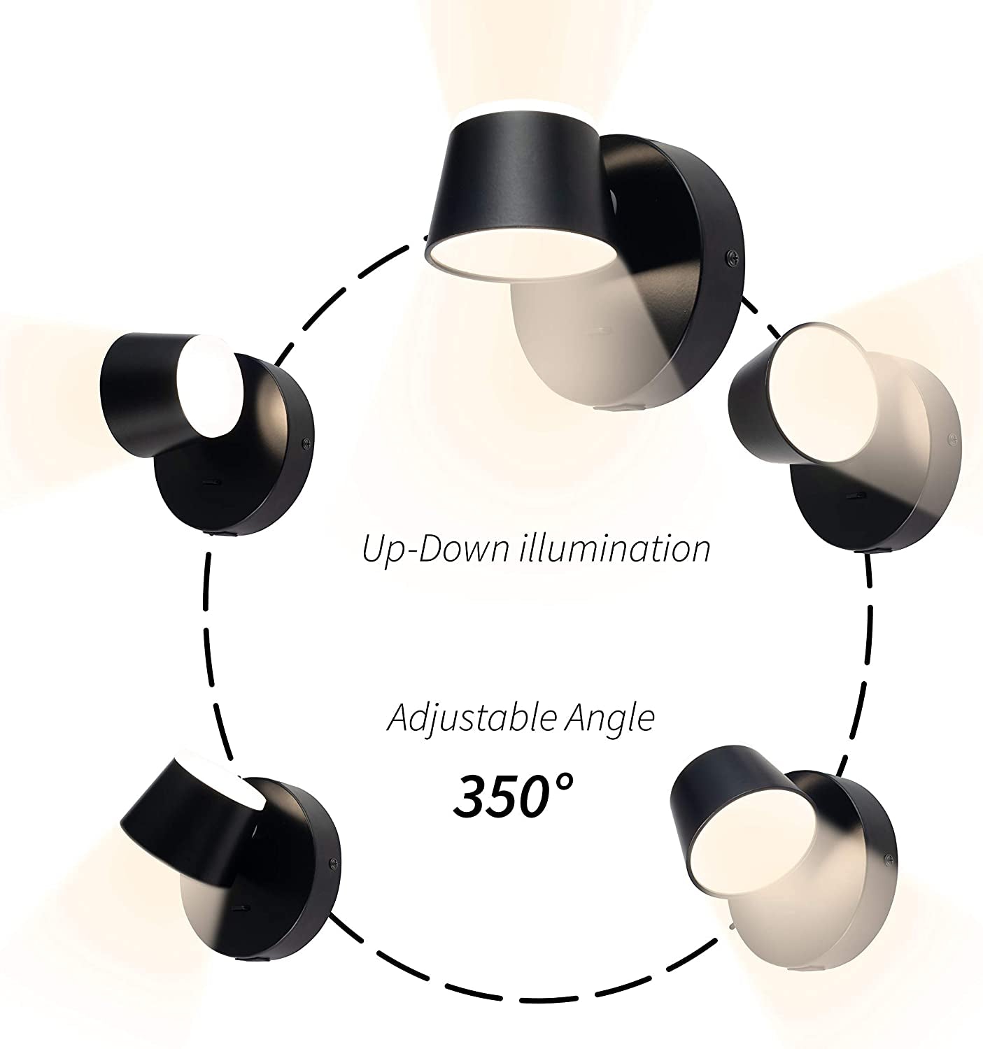 Wall Light LED Wall Sconce with On/Off Switch USB Charging Port 110 Volt Hardwired Wall Lamp 350 Rotatable up down Sconces Wall Lighting (Black)