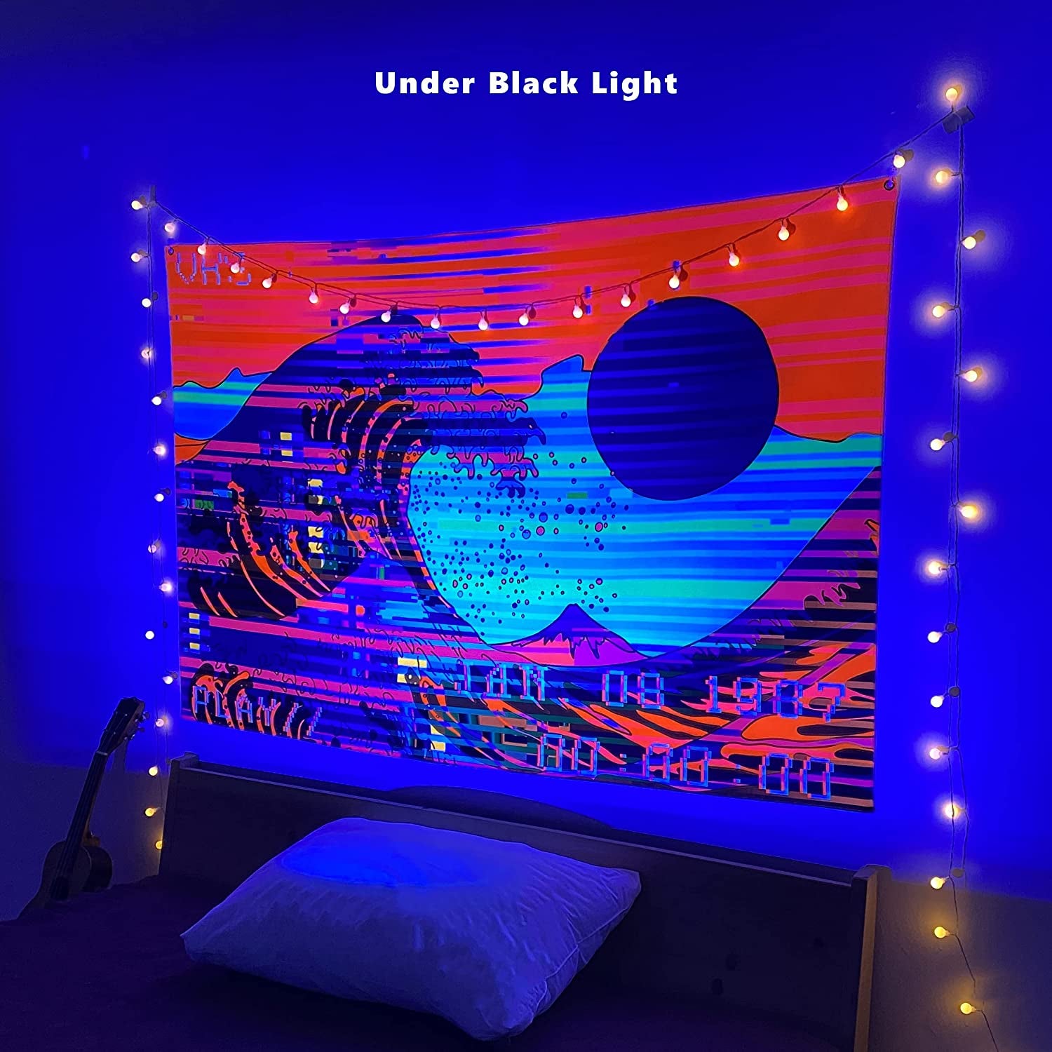 Blacklight Tapestry UV Reactive Trippy Neon the Great Wave Game Retro Vaporwave Tapestry Black Light Room Decor Glow in the Dark Tapestry for Bedroom Aesthetic Gaming Room Dorm Y2K Indie Room Décor