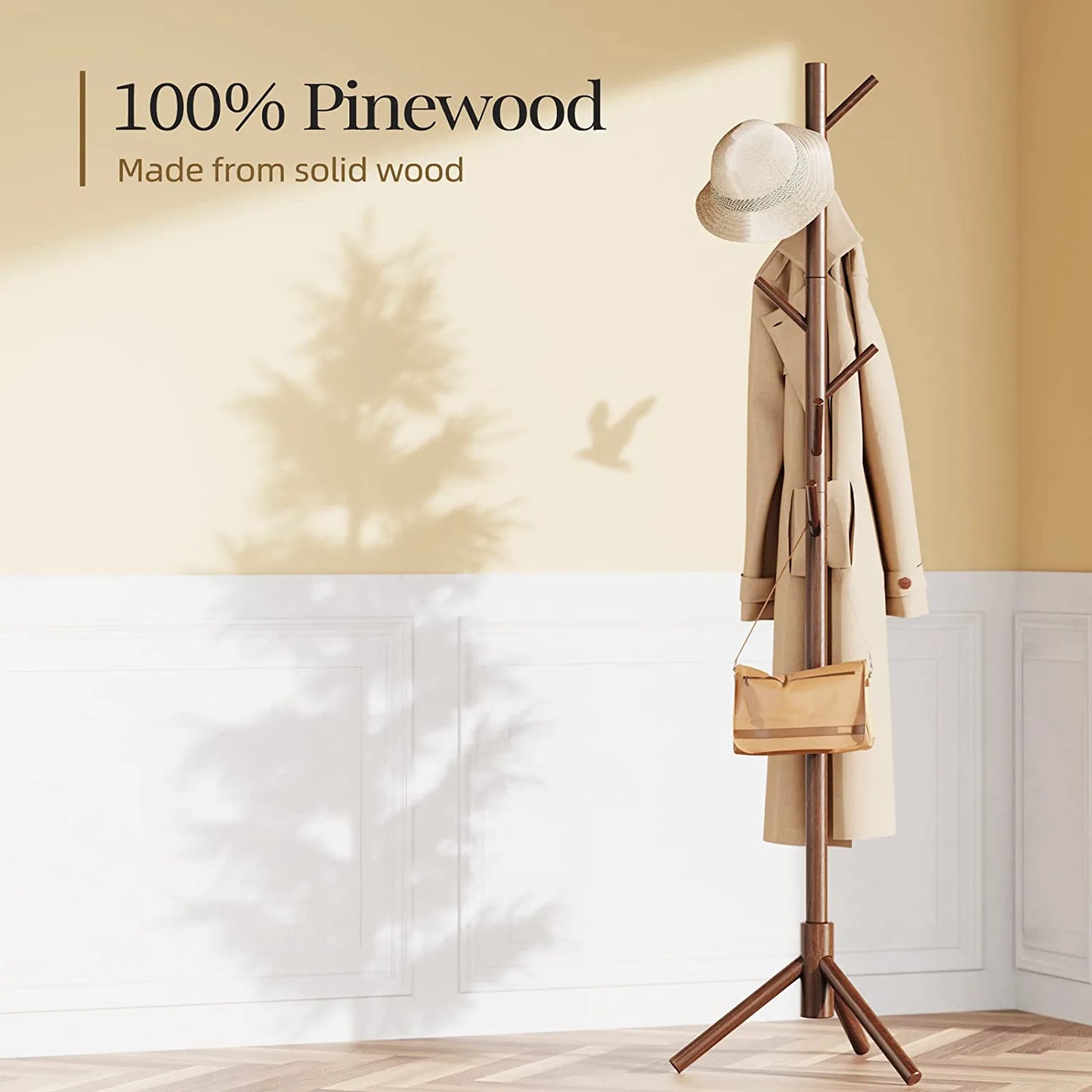 Coat Rack, Wooden Coat Rack Stand with 3 Height Options and 8 Hooks, Sturdy Freestanding Coat Rack for Clothes/Bags/Hats, Coat Rack for Home/Office/Entryway/Hallway, PIWCR01, Brown