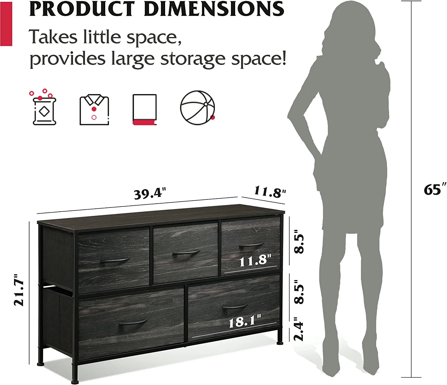 Dresser for Bedroom with 5 Drawers, Wide Chest of Drawers, Fabric Dresser, Storage Organizer Unit with Fabric Bins for Closet, Living Room, Hallway, Nursery, Charcoal Black Wood Grain Print