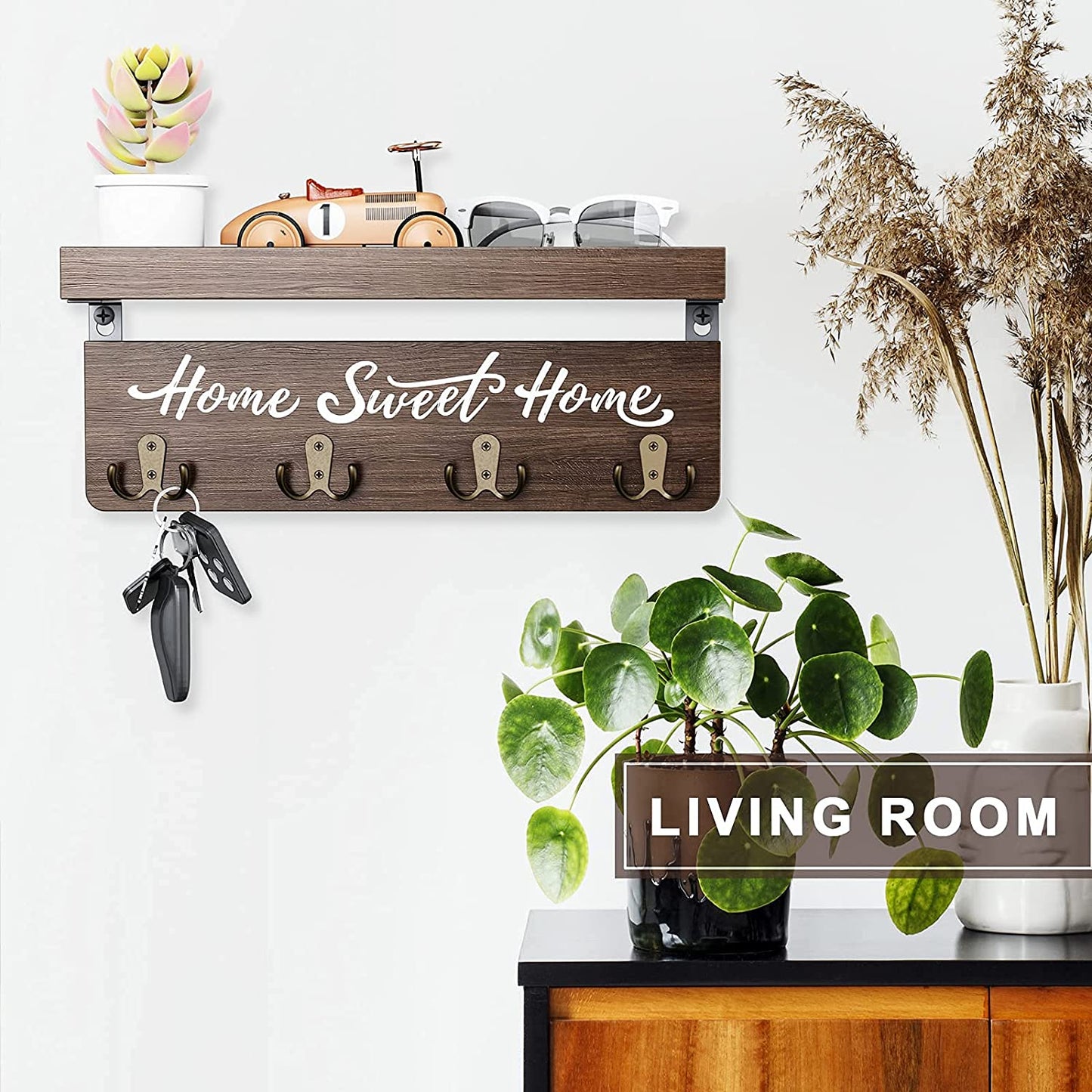 Wall-Mounted Key and Mail Holder, Wooden Key Rack with 4 Double Key Hooks, Rustic Home Decor for Entryway