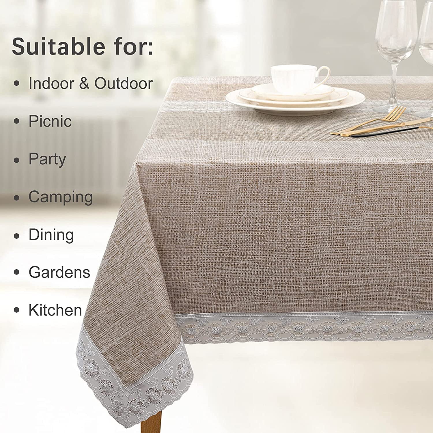 Vinyl Tablecloth with Flannel Backing,Plastic Waterproof Rectangle Tablecloths,Flannel Backed Table Cloth for Camping Dining Indoor & Outdoor,Durable Table Cover(Brown Stripes,52 X 72 Inch)