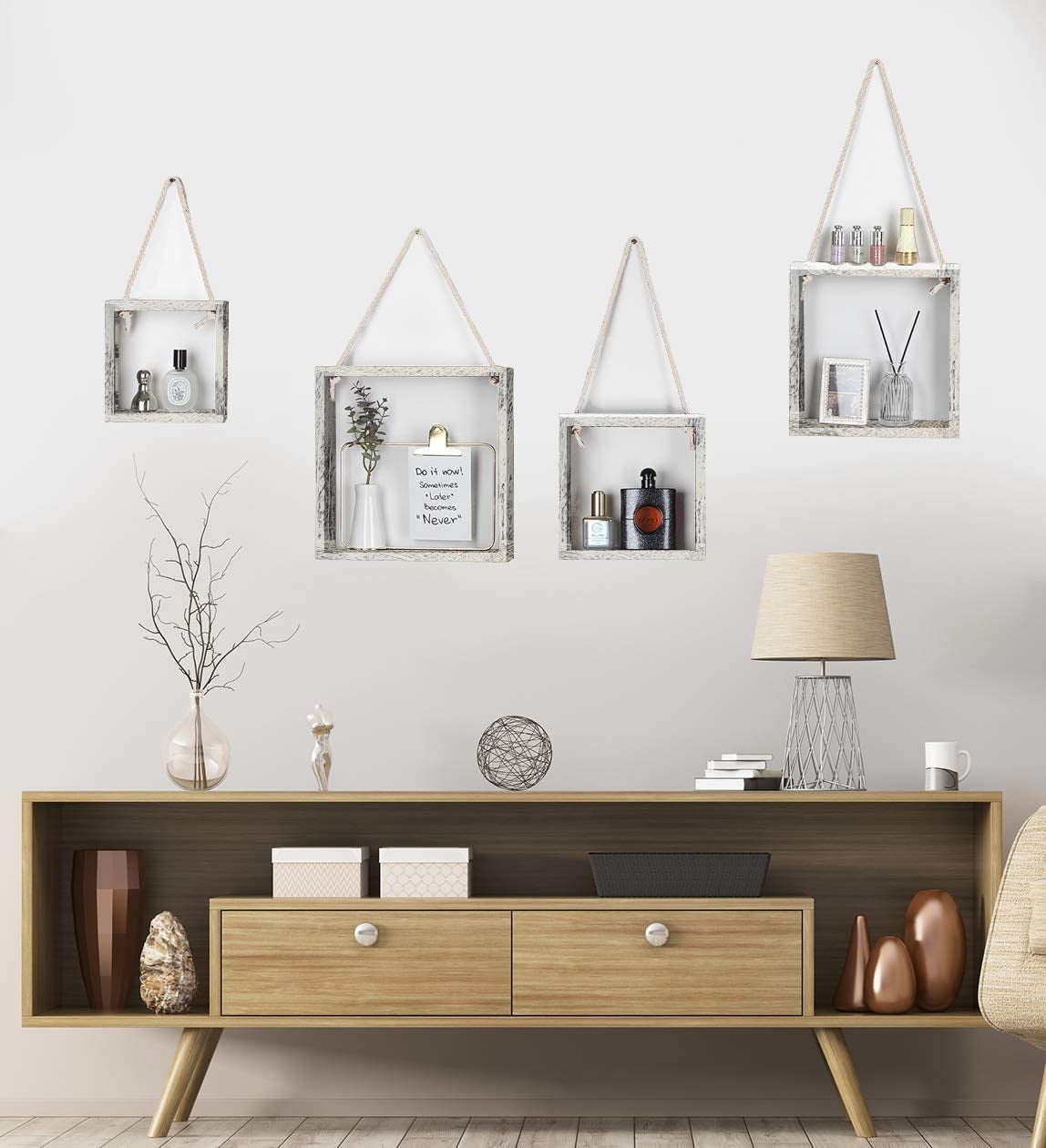 J JACKCUBE DESIGN Floating Hanging Square Shelves Wall Mounted Rustic Wood Cube Display Shelf Shadow Boxes Decorative Boho Home Décor for Living Room, Bedroom, Office, Set of 4 (White) - MK571C