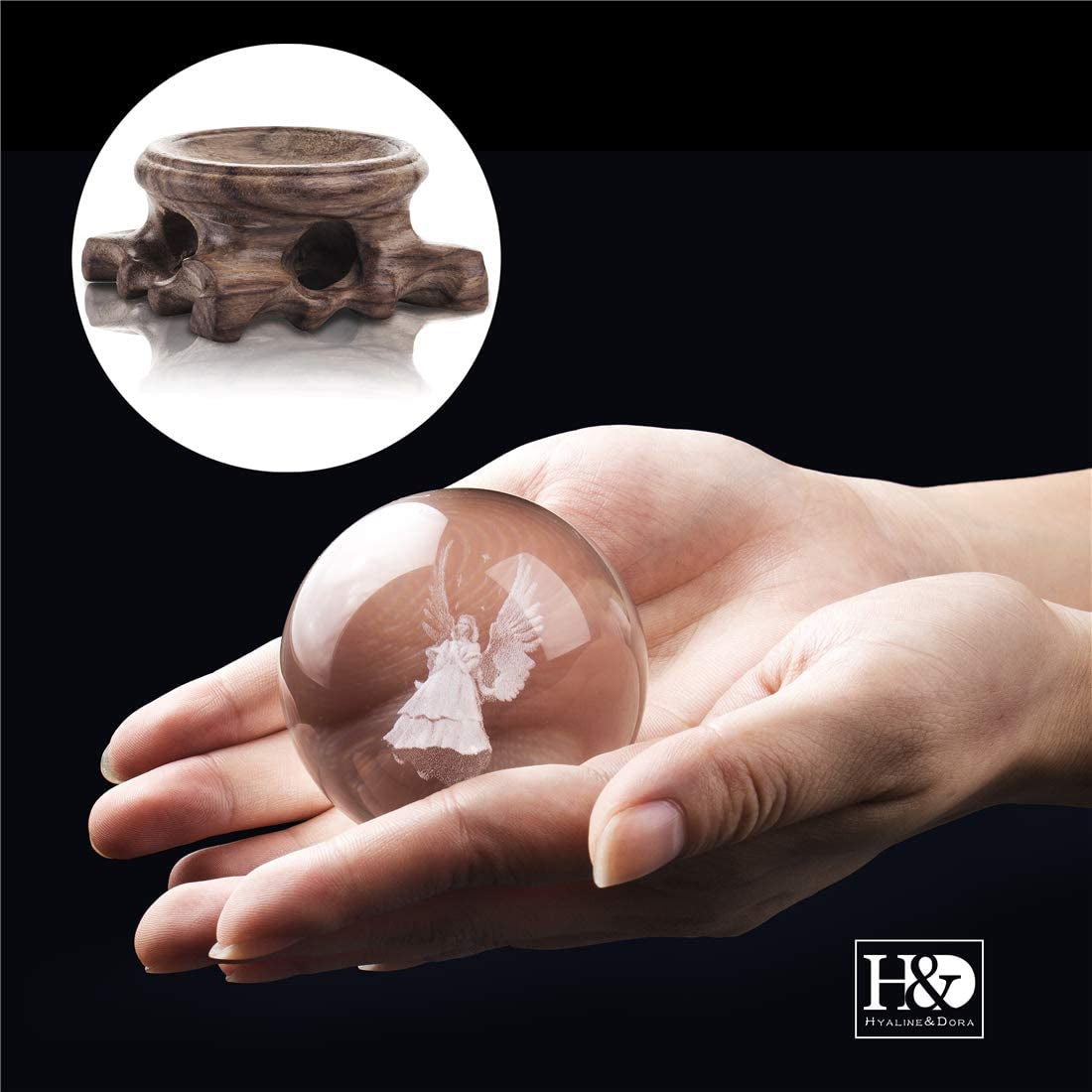 3D Angel Figurines Full Sphere Crystal Ball Laser Engraved Paperweight Home Art Decor Crafts(Clear)