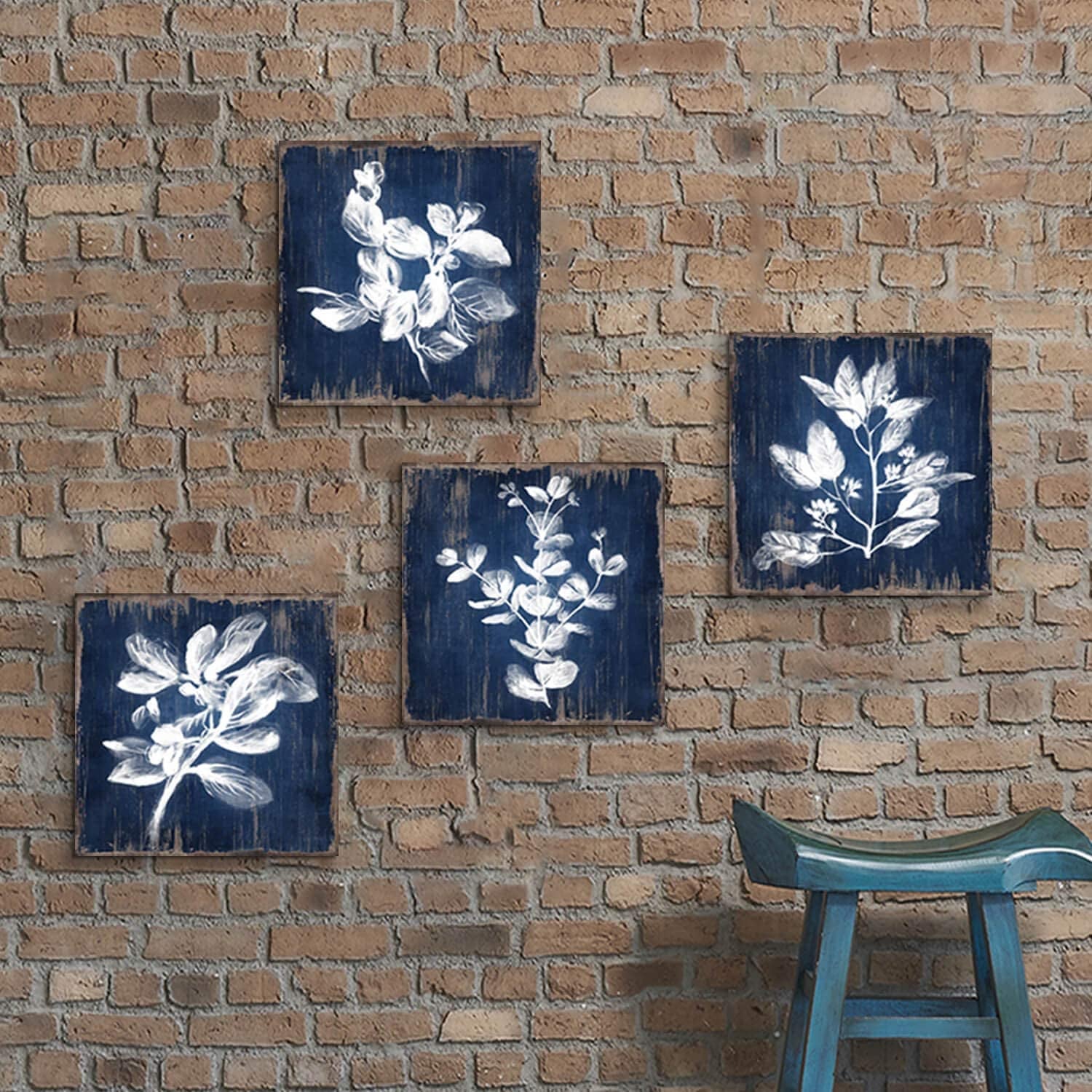 White Botanical Wall Canvas Art: Artistic Plant Picture Dark Blue Background Painting for Bathroom (12 X 12 X 4 Panels)