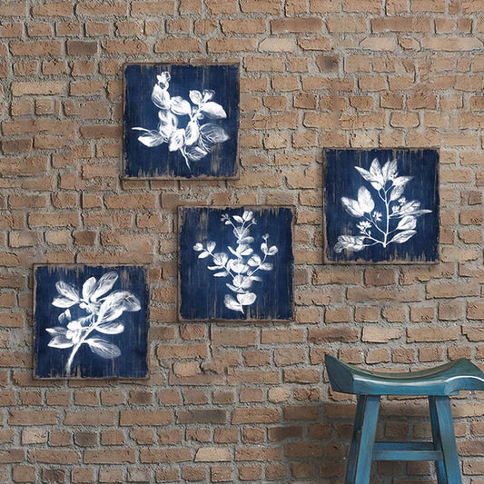 White Botanical Wall Canvas Art: Artistic Plant Picture Dark Blue Background Painting for Bathroom (12 X 12 X 4 Panels)