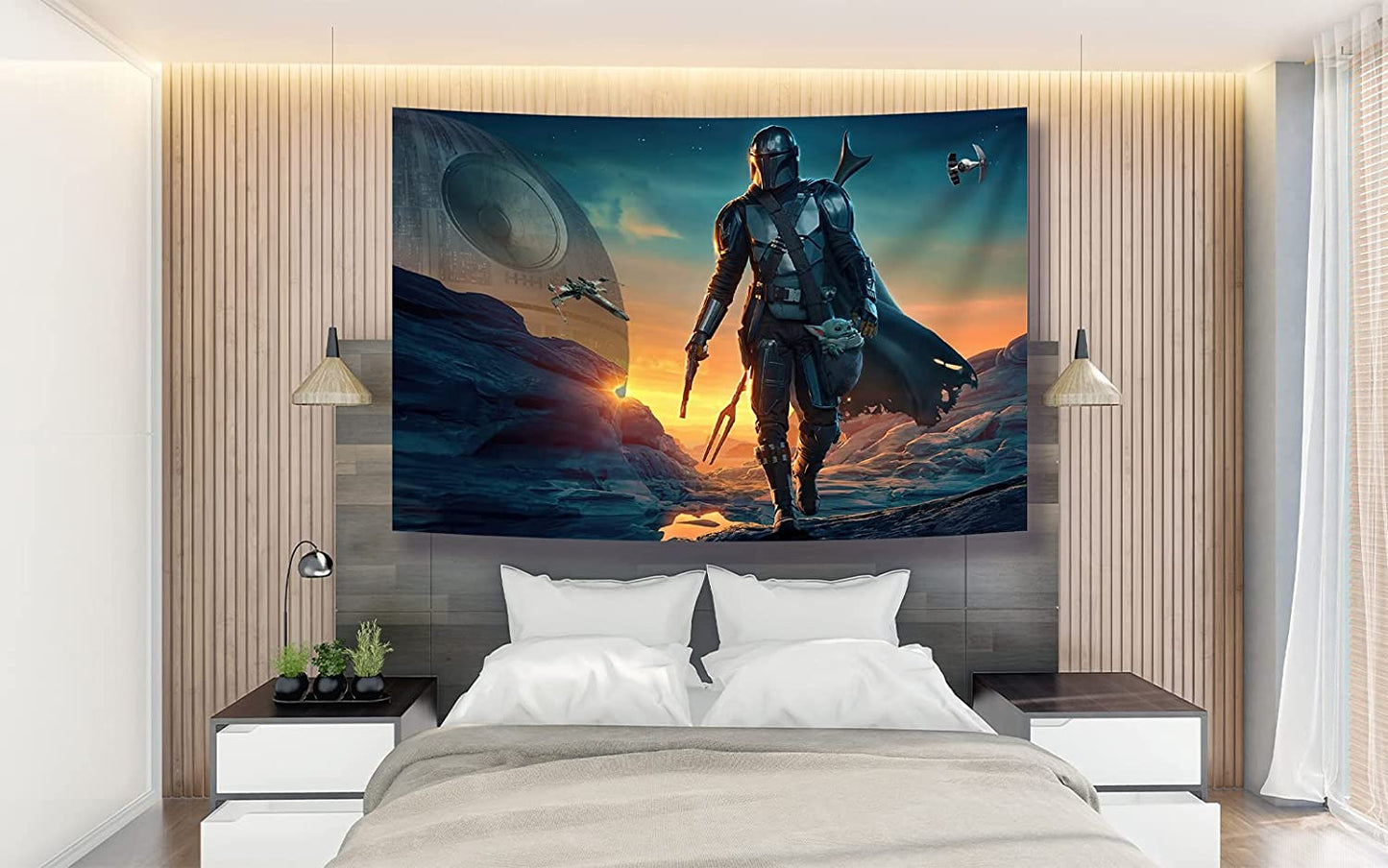 Tapestry Banner Star Wars Mandalorian Yoda Blue Death Star Wall Posters Wall Hanging Decoration for Bedroom Dorm Cool-For Party Art Wall Tapestry (Mandalorian Yoda, 39''X 59'')
